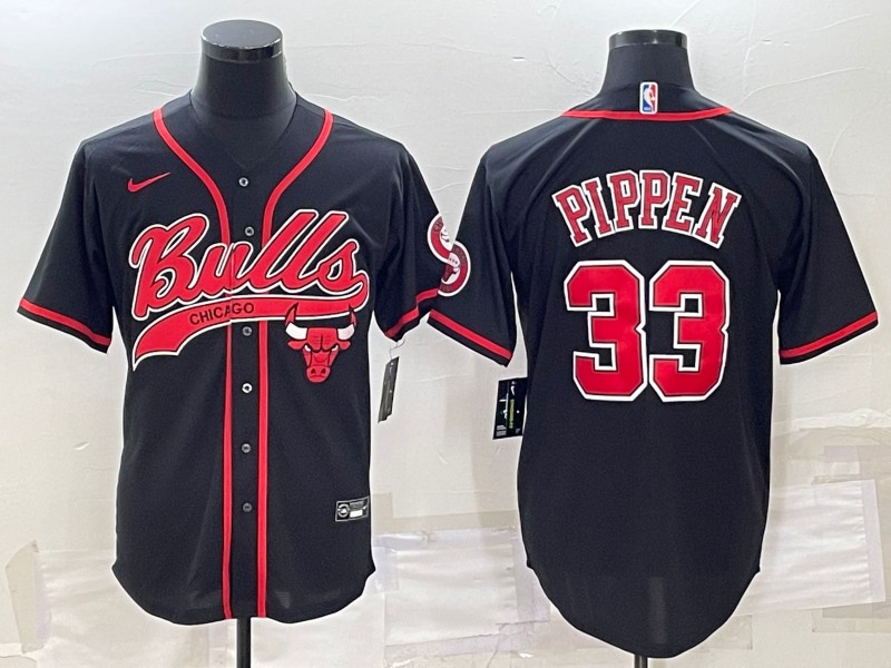 Men's Chicago Bulls #33 Scottie Pippen Black With Patch Cool Base Stitched Baseball Jersey